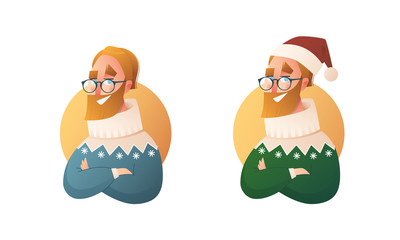 Handsome flat design set template with vector hipster man with a beard similar to Santa Claus in winter clothes in cartoon style. Christmas banner elements.