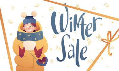 Girl in winter clothes in cartoon style with banner about the sale. Beautiful vector flat design set template. Christmas flyer elements.