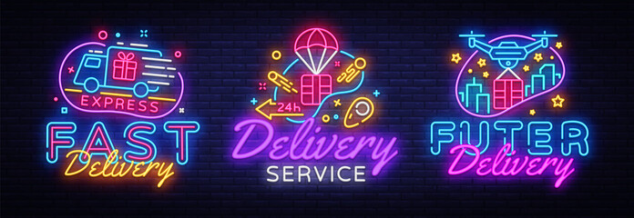 Big set neon signs, theme Delivery. Fast delivery neon signs, design template, modern trend design, night neon signboard, night bright advertising, light banner, light art. Vector illustration