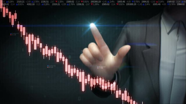 Businessman touched screen, various animated Stock Market charts and graphs. decrease blue digital chart. 4k animation.2.