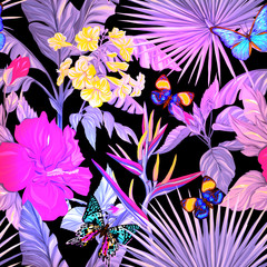 Seamless pattern, background. with tropical plants and flowers.