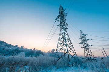 Electricity tower in the hoarfrost.