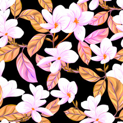 Seamless pattern, background. with tropical plants and flowers.