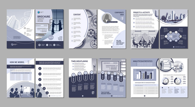 Brochure creative design. Multipurpose template with cover, back and inside pages. Trendy minimalist flat geometric design. Vertical a4 format.