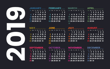 Calendar 2019 vector template. Week starts on Sunday. Colorful grid on a dark background.