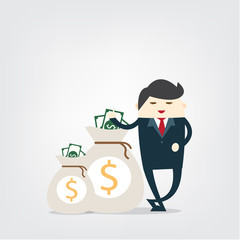 Happy business man stand near Money bag,success concept