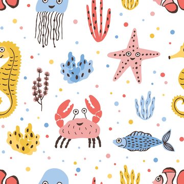 Colored seamless pattern with happy sea and ocean animals on white background - fish, crab, jellyfish, starfish, seahorse. Childish flat cartoon vector illustration for textile print, wrapping paper. © Good Studio