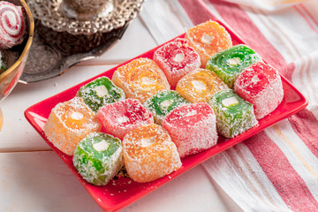 Turkish delight on a wooden table