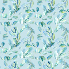 Fototapeta na wymiar Floral seamless pattern.Eucalyptus branches.Image for fabric, paper and other printing and web projects.Watercolor hand drawn illustration.Blue background.