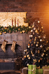 Beautiful holdiay decorated room with Christmas tree with presents
