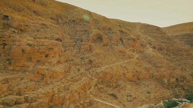 Kidron river valley. Panorama viewed from terrace of Greek Orthodox monastery The Great Lavra of St. Sabbas the Sanctified (Mar Saba) in Judean desert. Palestine, cca. 2015