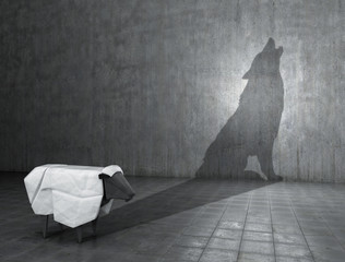 The concept of cleverness and secrecy. Origami is a sheep figure that throws a shadow of a wolf. 3D illustration