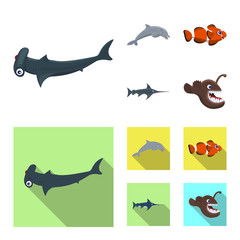 Isolated object of sea and animal logo. Set of sea and marine stock vector illustration.