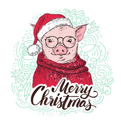 Pig in a red cardigan, in a Santa's red cap . Marry Christmas - lettering quote. Christmas card, poster, t-shirt composition, hand drawn style print. Vector illustration.