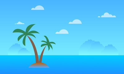 Beautiful seascape with mountains , sky , clouds, coconut tree and ocean landscape background vector illustration