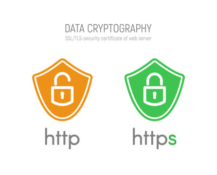 Http and https security certificates in shields vector illustration on white background. Web browser protocols isolated icons
