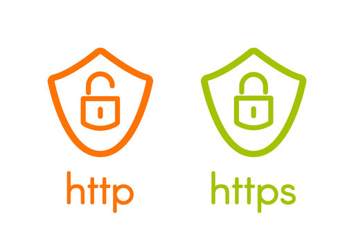 Http and https on shields linear vector illustration on white background. Web browser protocols isolated logos