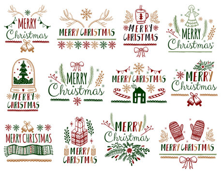Christmas gift Cards Posters set.Typography decoration holiday . Template for Greeting Scrapbooking, Congratulations, Invitations, Stickers, Planners.