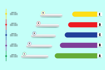 Empty infographic of stairs showing the five steps of process. Empty colorful paper labels are ready for your text.