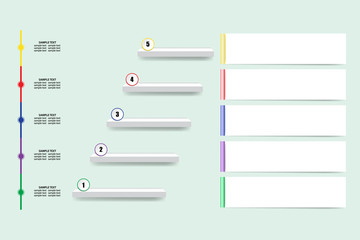 Empty infographic of stairs showing the five steps for achieve success. Empty white paper labels are ready for your text.
