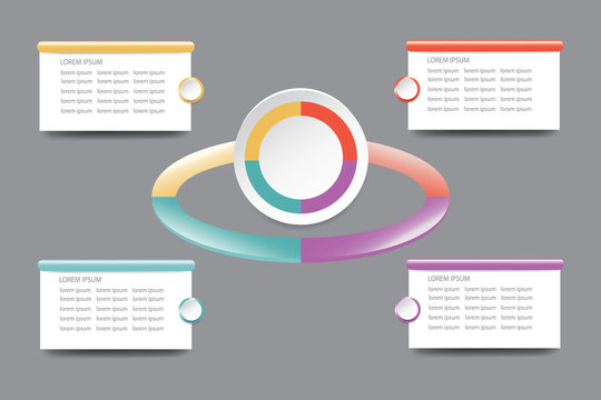 Infographic of colorful ellipse with blank white circle divided into 4 parts showing process and steps. White labels are ready for your text. All is on the gray gradient background. 
