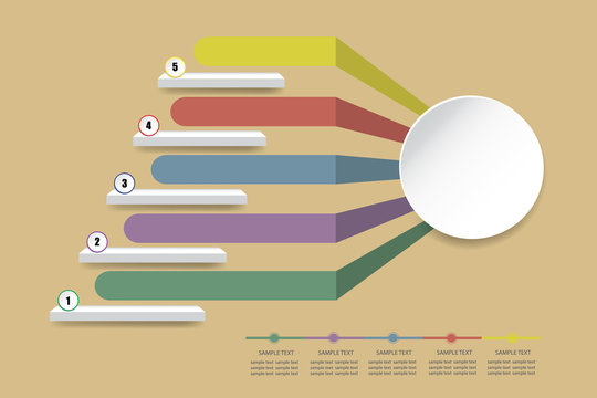 Colorful Empty Infographic Of Stairs Showing The Five Steps Of Process. Color Labels Converge Into An Empty White Circle  Ready For Your Text.