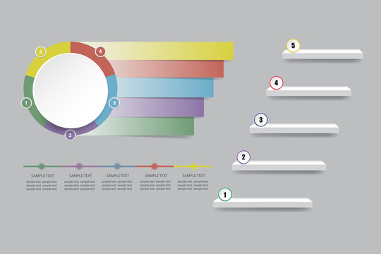 Blank infographic of white circle with color labels and empty staircase showing the five steps of process.