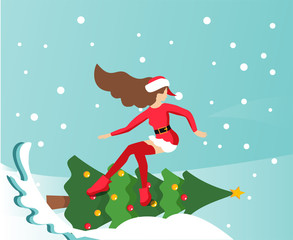 Obraz na płótnie Canvas Flat illustration in vector slender girl in traditional suit of Santa Claus snowboards on new year's decorated Christmas tree. Handwritten Christmas is coming. Greeting card with place for text.
