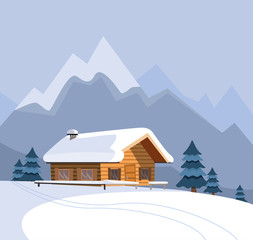 Winter snowy landscape with mountains and wood log country house, spruces, firs, snowy nature, sunny weather. Christmas season card. Flat cartoon style vector illustration in blue colors.