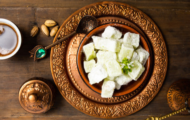 Turkish coffee and delight dessert with pistachio