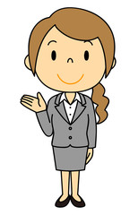 女性　OL　事務員　ご案内　立ち姿　グレーのスーツ