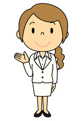 女性　OL　事務員　ご案内　立ち姿　白いスーツ