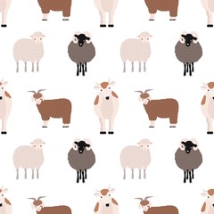 Seamless pattern with cute farm animals on white background. Backdrop with domestic livestock - cow, goat, sheep, ram. Colorful vector illustration in flat cartoon style for fabric print, wallpaper.