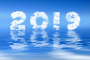 2019 written with clouds, water reflection