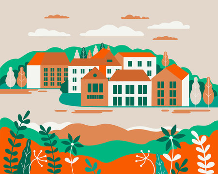 Village landscape flat vector illustration. Buildings, hills, lake, flowers and trees, abstract background for header images for websites, banners, covers