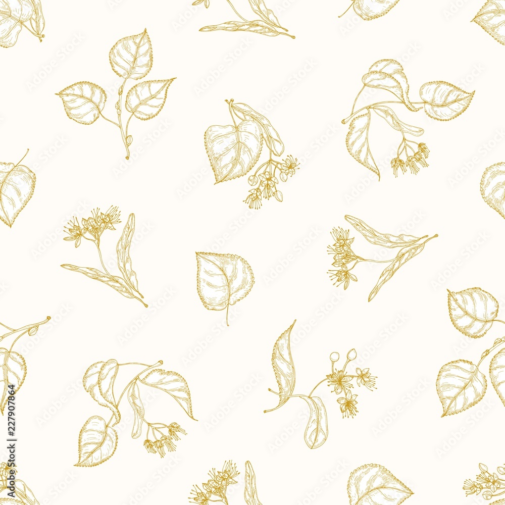 Poster Monochrome seamless pattern with linden leaves and inflorescences hand drawn with contour lines on light background. Elegant vector illustration in antique style for fabric print, wrapping paper.
