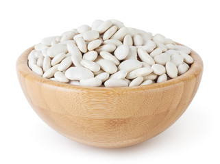 Uncooked white beans in wooden bowl isolated on white background with clipping path