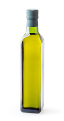 Olive oil in glass bottle isolated on white background with clipping path