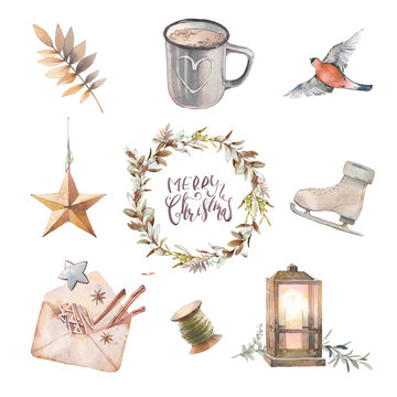 Watercolor Merry Christmas set. Vintage isolated items: wreath, spices, star decoration, galden branch, wooden cotton reel, bullfinch bird, figure skate, cococa mug, lantern. Scandinavian style icons