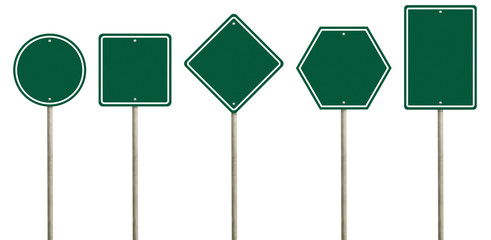 Collection of blank green road sign or Empty traffic signs isolated on white background. Objects...