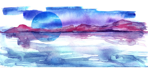 Watercolor mountain landscape, peak, forest silhouette, reflection in the river, blue moon, full moon.
 Country landscape, watercolor illustration, picture. Blue color.
