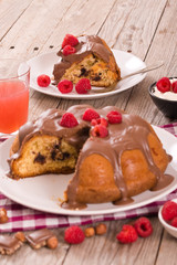 Chocolate cake with raspberries. 