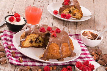 Chocolate cake with raspberries. 