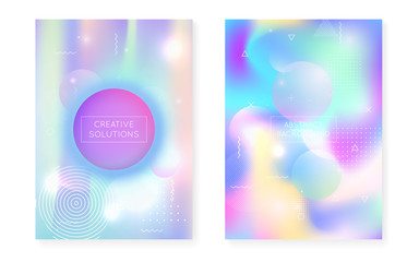 Liquid shapes cover with dynamic fluid. Holographic bauhaus gradient with memphis background. Graphic template for placard, presentation, banner, brochure. Retro liquid shapes cover.
