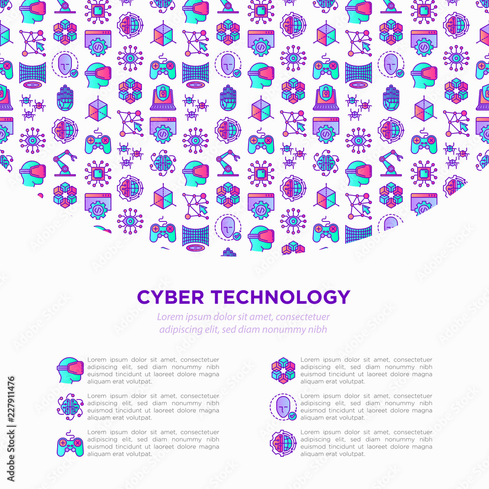 Aufkleber cyber technology concept with thin line icons: ai, virtual reality glasses, bionics, robotics, globa