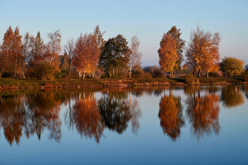 Autumn trees reflect the lake.