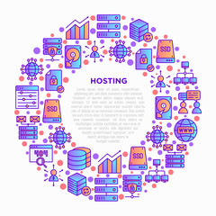 Hosting concept in circle with thin line icons: VPS, customer support, domain name, automated backup, SSD, control panel, secure server, local network, SSL. Vector illustration for banner, print media