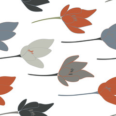 Tulips or crocuses vector seamless pattern. Floral modern background with stylized hand drawn flowers in pastel colors.