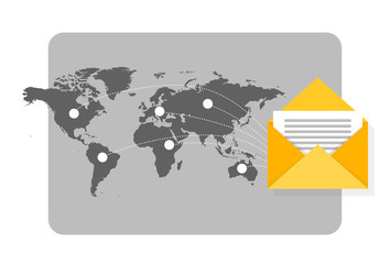 Newsletter concept illustration with mail flying spreading around the world with map as background