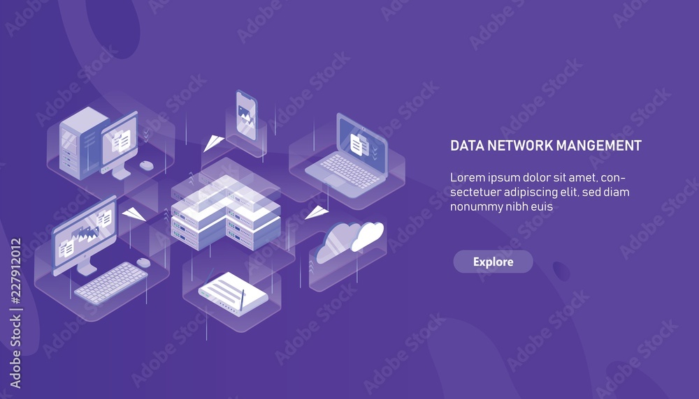 Aufkleber Modern horizontal web banner template with computer, laptop, smartphone, server, router and paper planes flying between them. Data network management. Modern colorful isometric vector illustration.